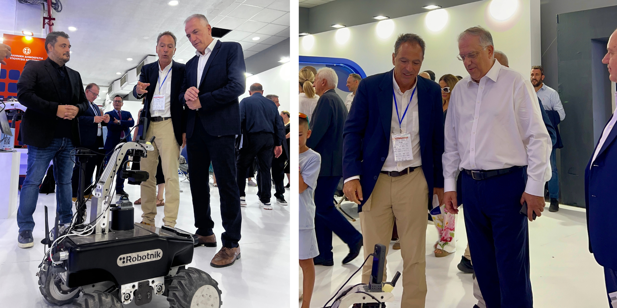 Left: Deputy Minister of Development Mr. Kalafatis with I. Emiris, President of the Athena RC, and researcher George Moustris. Right: Minister of Development Mr. Theodorikakos with I. Emiris, President of the Athena RC