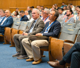 Prof. Evangelos Papadopoulos, Prof. Petros Maragos, Prof. Ioannis Emiris, and Dr. Dimitrios Terzis during a keynote talk at HRF 2026.