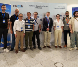 HERON researchers and faculty members, including Prof. Evangelos Papadopoulos, Prof. Panagiotis Vartholomeos, and Prof. Ioannis Poulakakis, at HRF 2026.