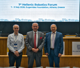 Prof. Costas Tzafestas, Prof. Ιoannis Chatzigeorgiou, Rector of the National Technical University of Athens (NTUA), and Prof. Petros Maragos at HRF 2026.