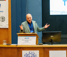 Prof. Petros Maragos, Director & Scientific Coordinator of HERON, delivering the welcome remarks at HRF 2026.
