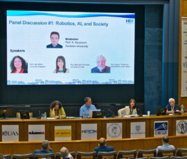 Panel discussion #1 “Robotics, AI, and Society”, moderated by Prof. Kostas Karpouzis, featured Prof. Lilian Mitrou, Prof. Stavroula Tsinorema, and Prof. Sergios Theodoridis.